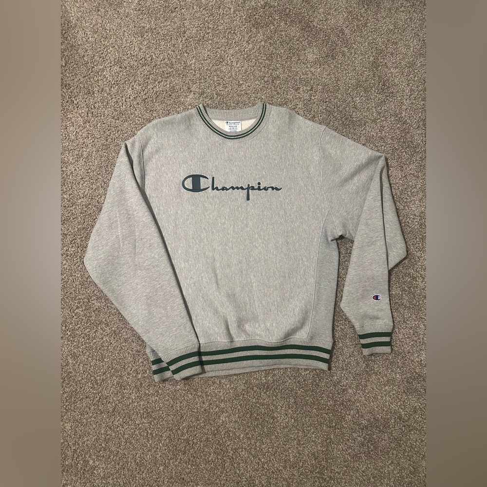 Vintage grey champion sweater with green stripes.